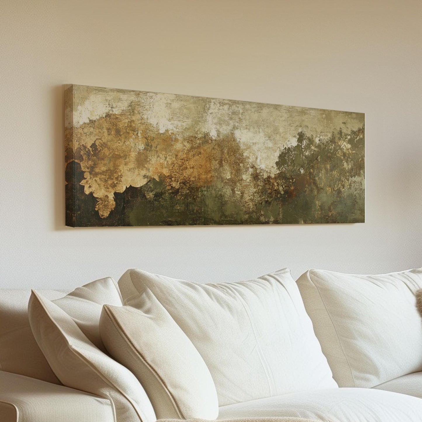 Abstract Forest Canopy Canvas Art | Impasto Texture Print | Biophilic Wall Art For Living Room | Earthy Ochre Sage Art Panoramic Wall Art