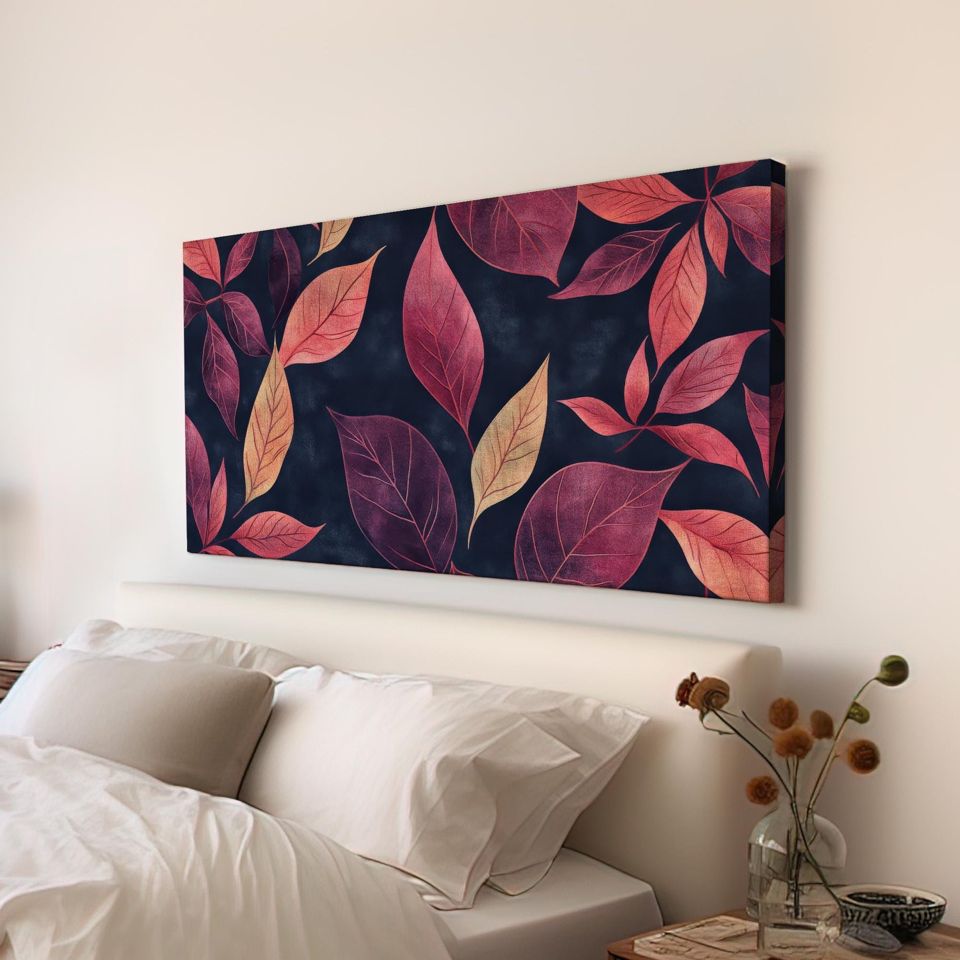 Autumnal Leaf Canvas Art | Watercolor Botanical Print | Biophilic Wall Art For Living Room | Burgundy Blush Art Horizontal Art