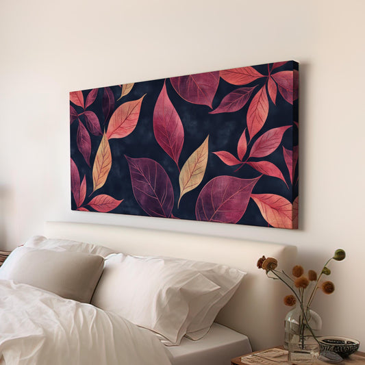Autumnal Leaf Canvas Art | Watercolor Botanical Print | Biophilic Wall Art For Living Room | Burgundy Blush Art Horizontal Art