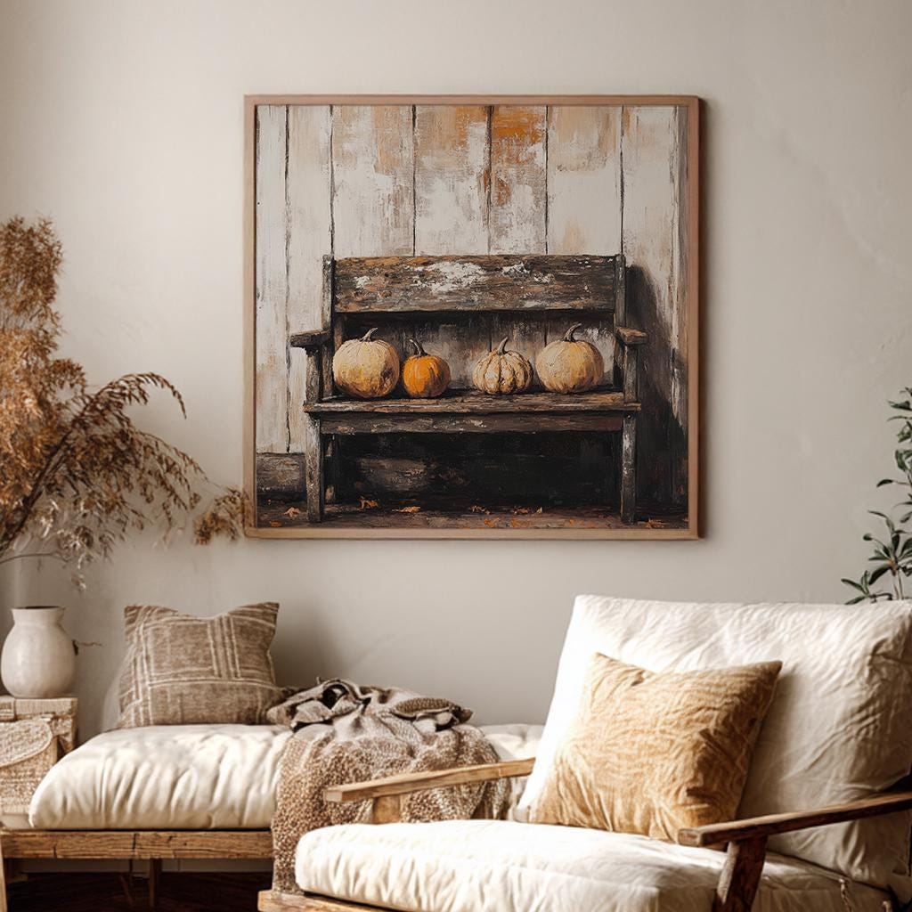 Autumnal Harvest Pumpkins Canvas Art | Impasto Palette Knife Print | Rustic Farmhouse Wall Art For Living Room Square Canvas Art