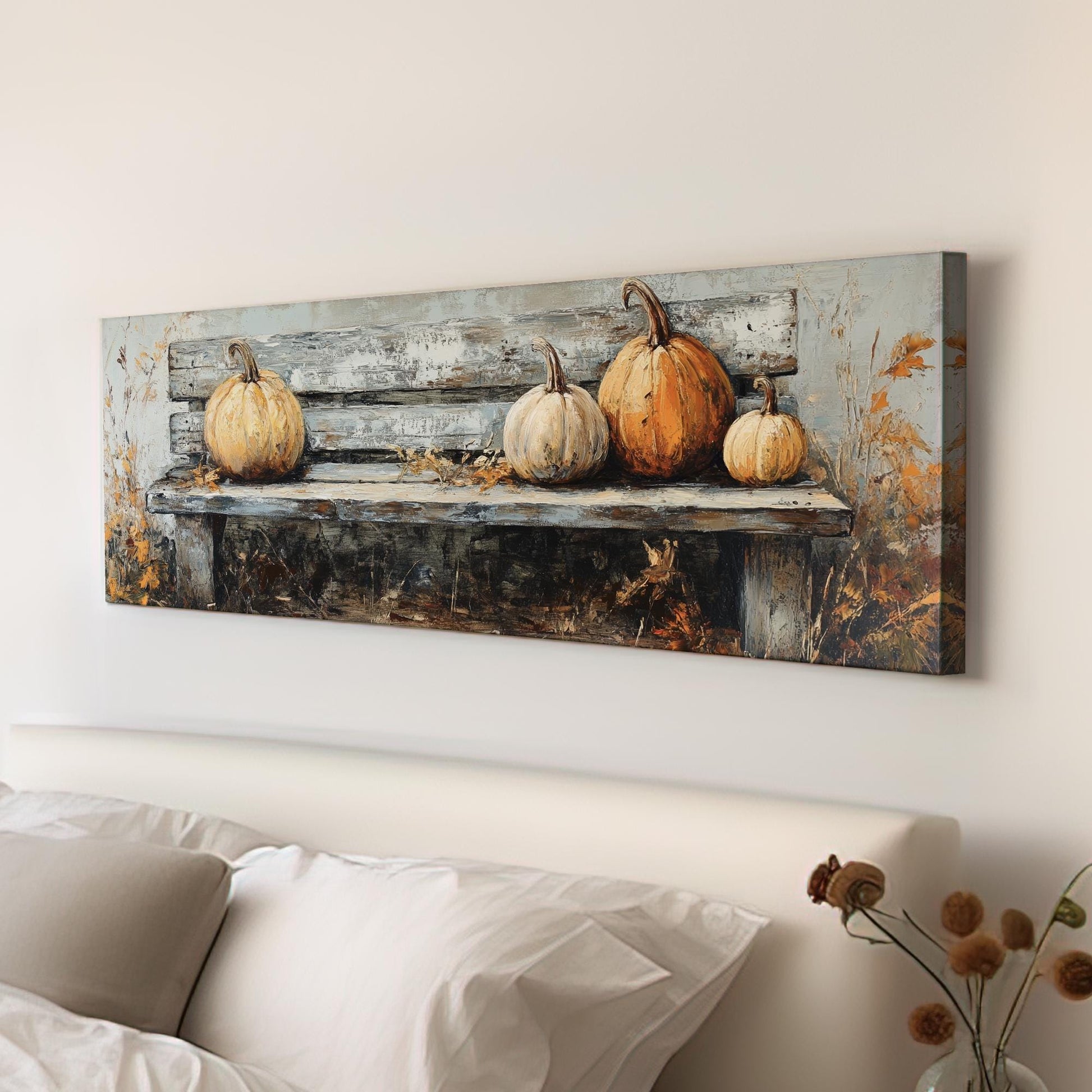 Autumnal Harvest Canvas Art | Impasto Pumpkin Print | Rustic Farmhouse Wall Art For Living Room Panoramic Wall Art