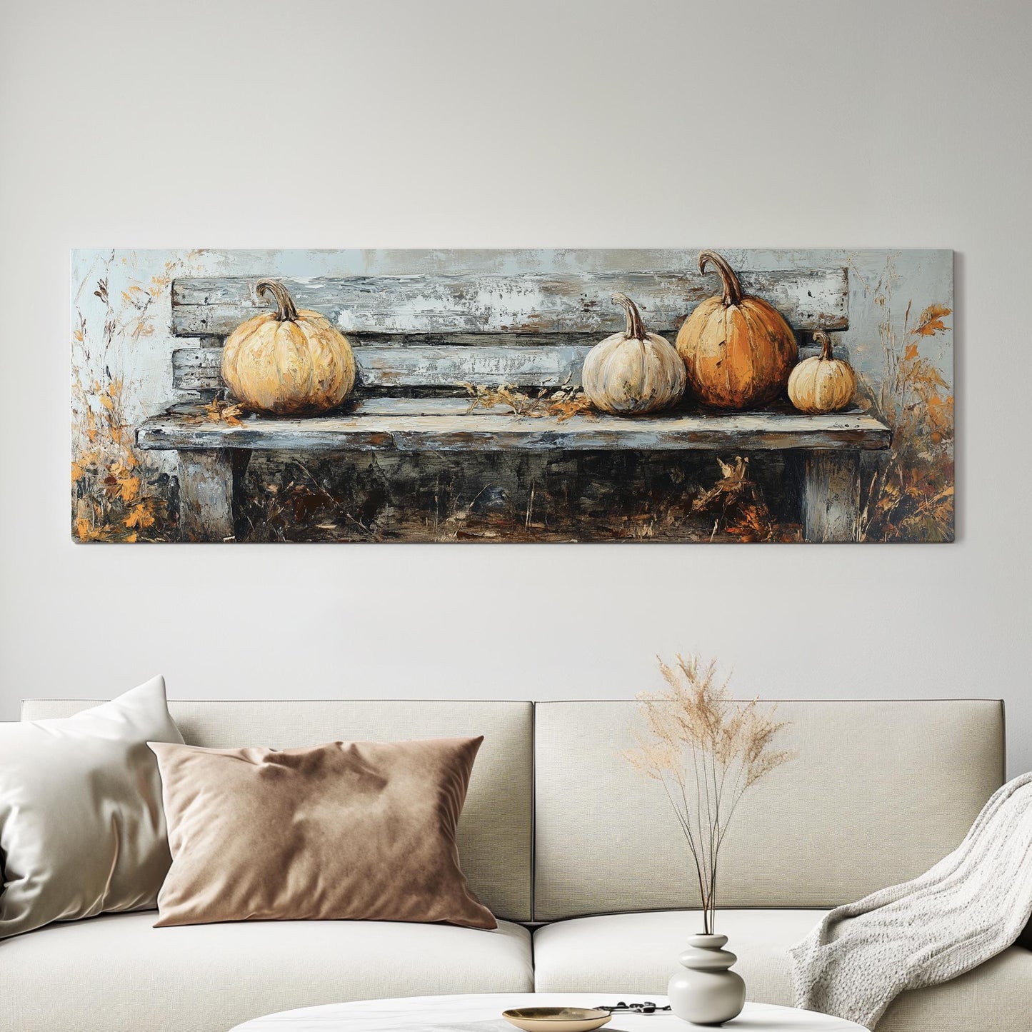 Autumnal Harvest Canvas Art | Impasto Pumpkin Print | Rustic Farmhouse Wall Art For Living Room Panoramic Wall Art