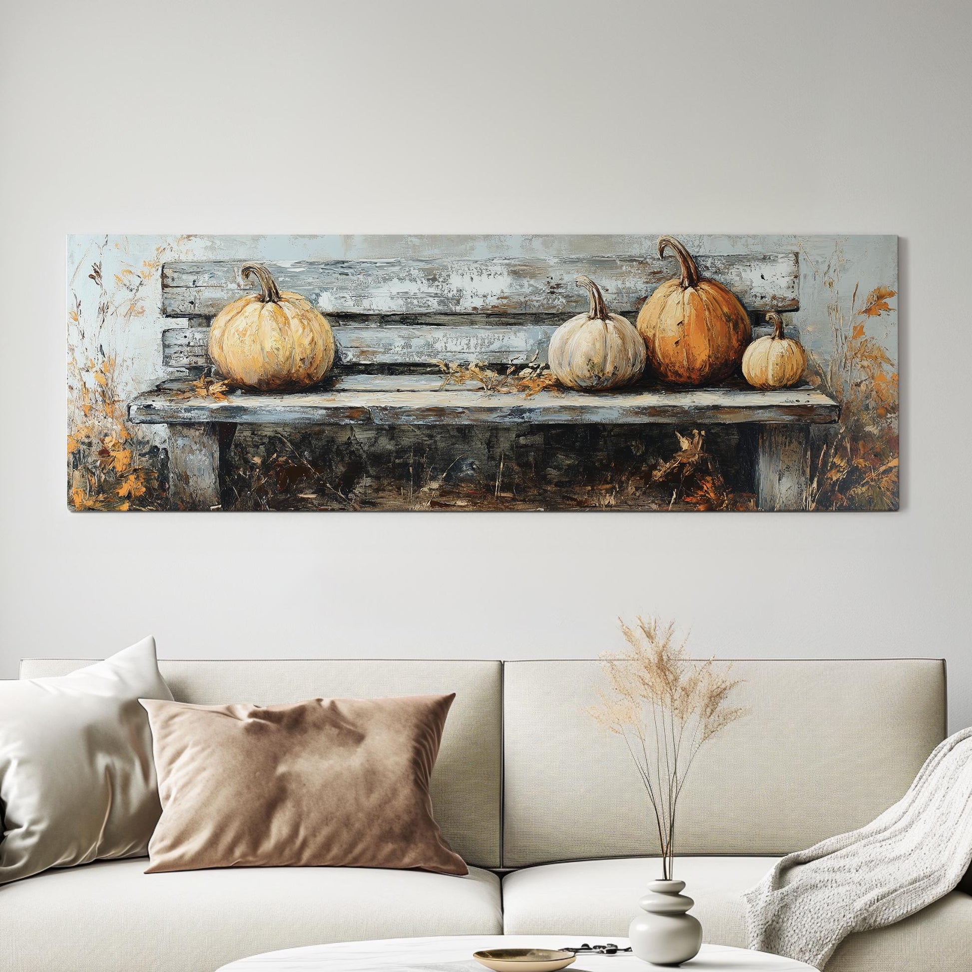 Autumnal Harvest Canvas Art | Impasto Pumpkin Print | Rustic Farmhouse Wall Art For Living Room Panoramic Wall Art