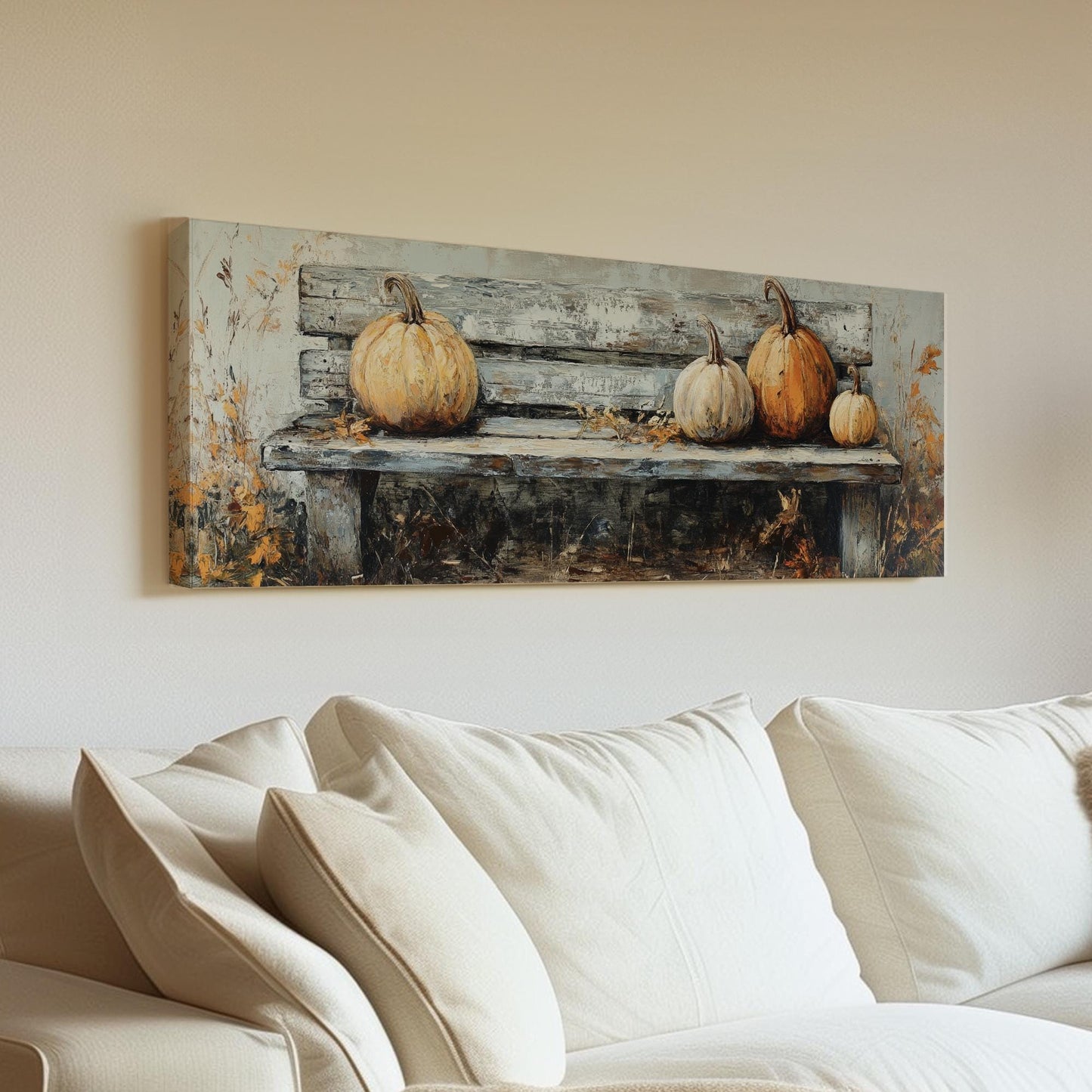 Autumnal Harvest Canvas Art | Impasto Pumpkin Print | Rustic Farmhouse Wall Art For Living Room Panoramic Wall Art