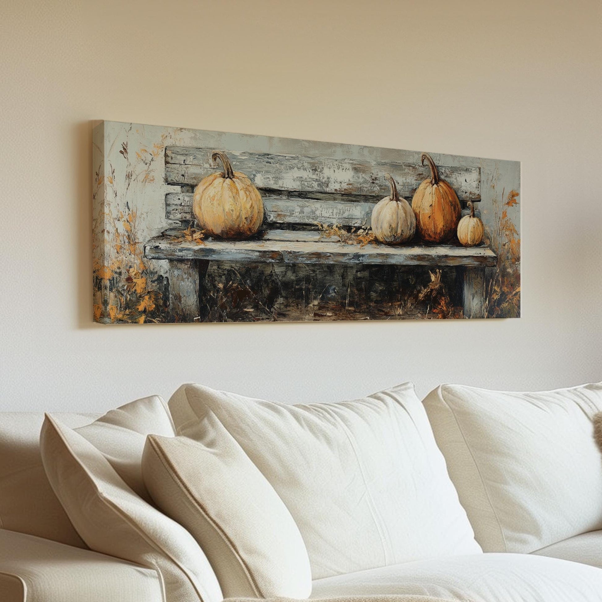 Autumnal Harvest Canvas Art | Impasto Pumpkin Print | Rustic Farmhouse Wall Art For Living Room Panoramic Wall Art