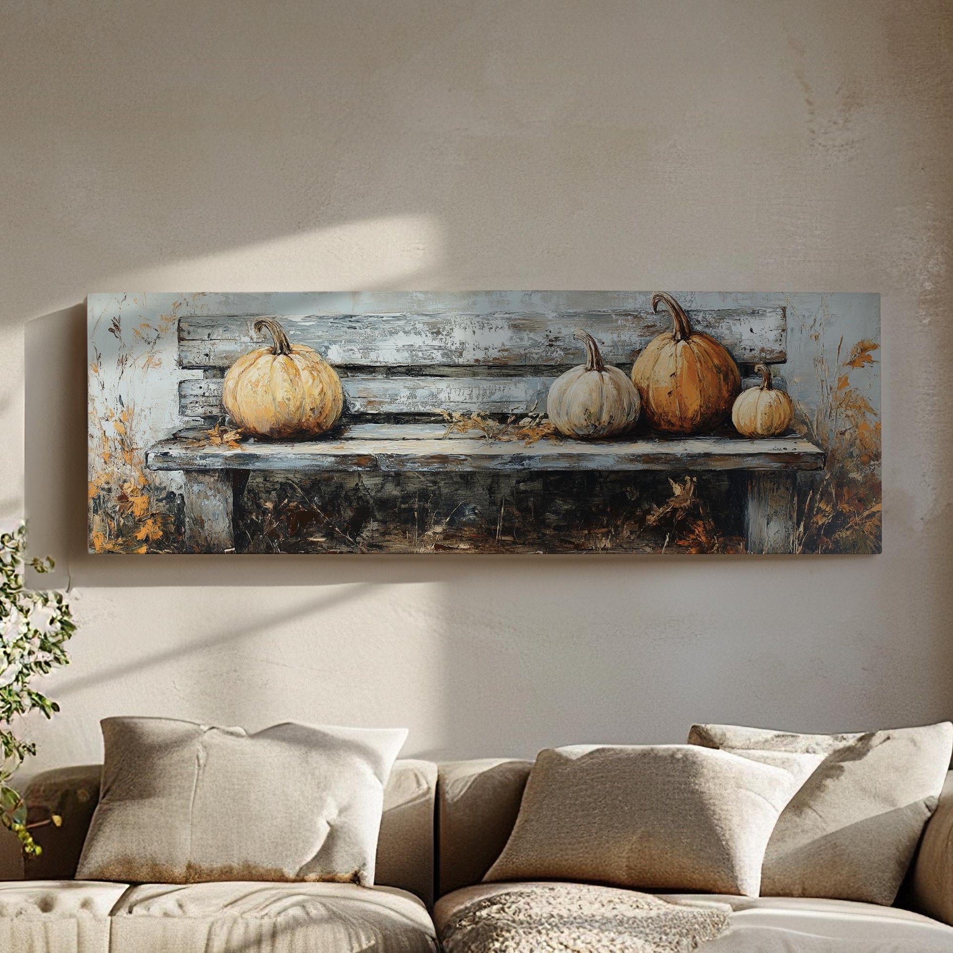 Autumnal Harvest Canvas Art | Impasto Pumpkin Print | Rustic Farmhouse Wall Art For Living Room Panoramic Wall Art