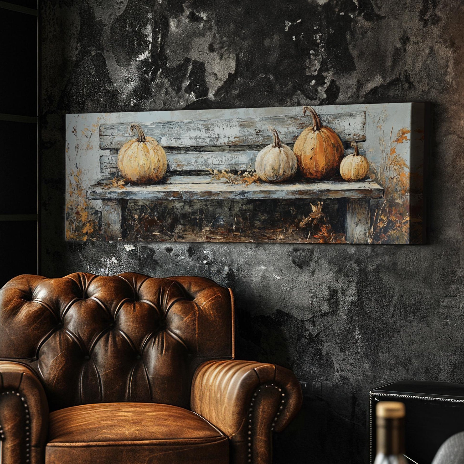 Autumnal Harvest Canvas Art | Impasto Pumpkin Print | Rustic Farmhouse Wall Art For Living Room Panoramic Wall Art