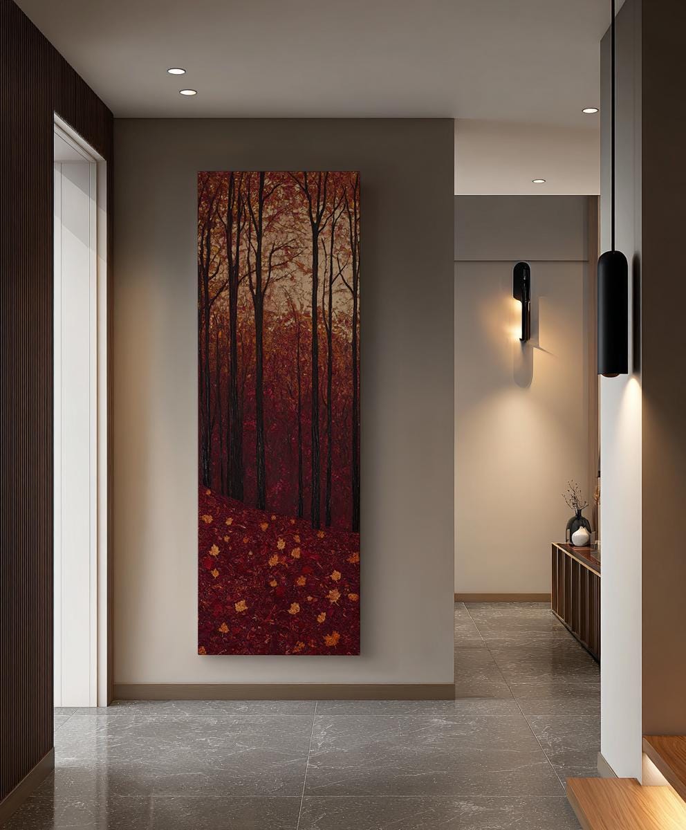 Autumnal Canopy Canvas Art | Impasto Print | Biophilic Wall Art For Living Room | Burgundy Ochre Art Long Vertical Art