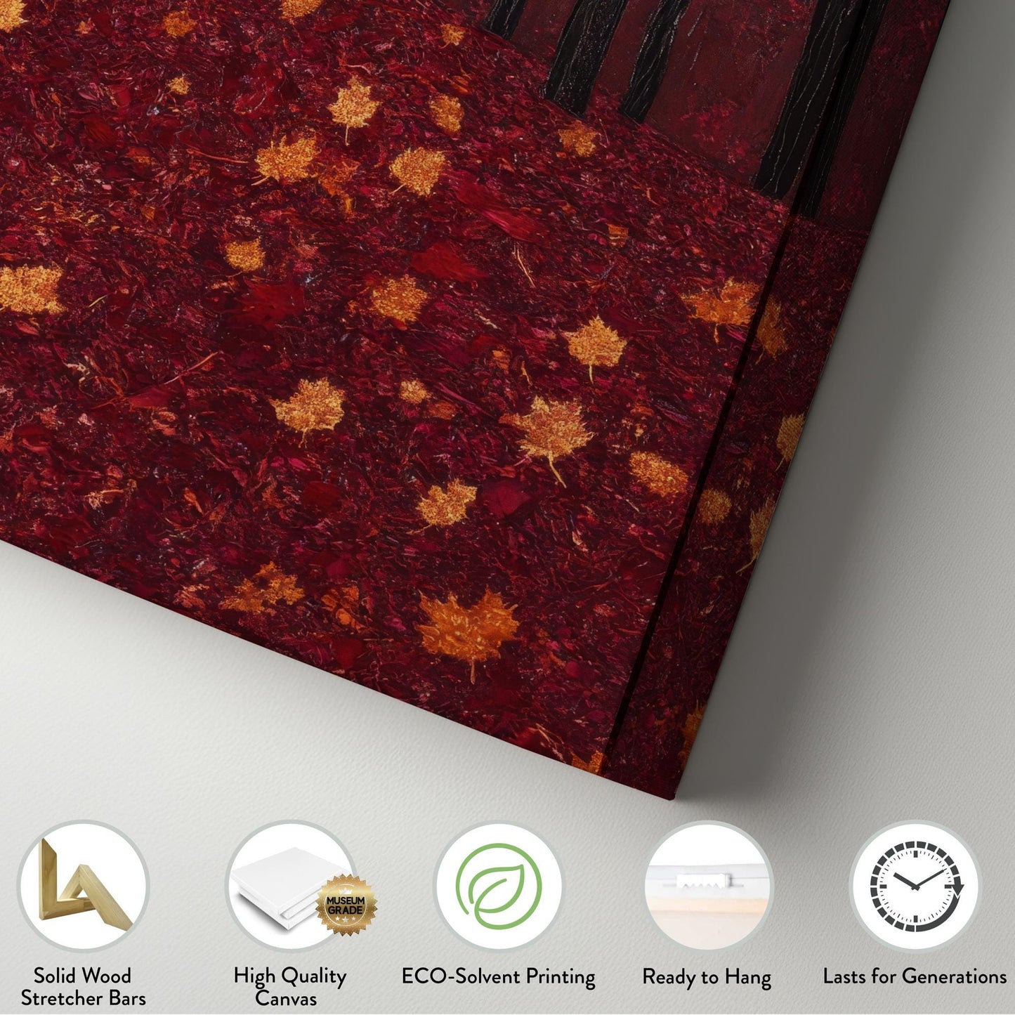 Autumnal Canopy Canvas Art | Impasto Print | Biophilic Wall Art For Living Room | Burgundy Ochre Art Long Vertical Art