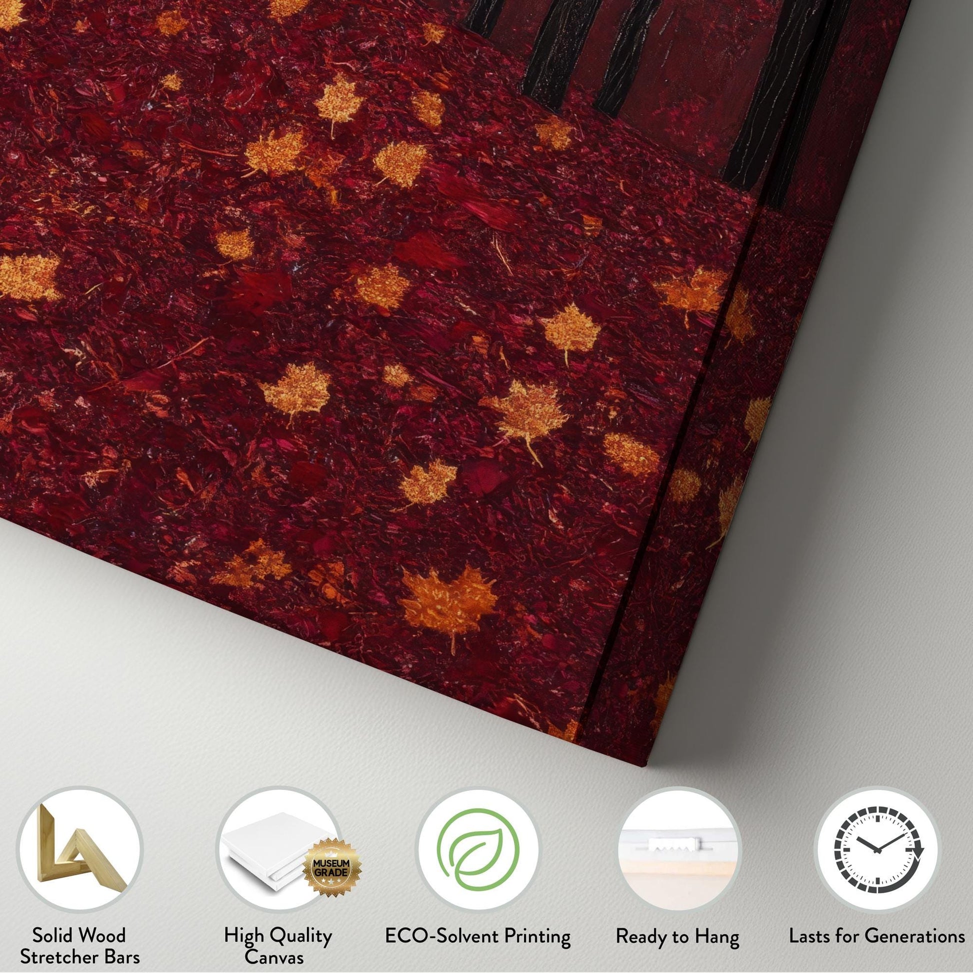 Autumnal Canopy Canvas Art | Impasto Print | Biophilic Wall Art For Living Room | Burgundy Ochre Art Long Vertical Art