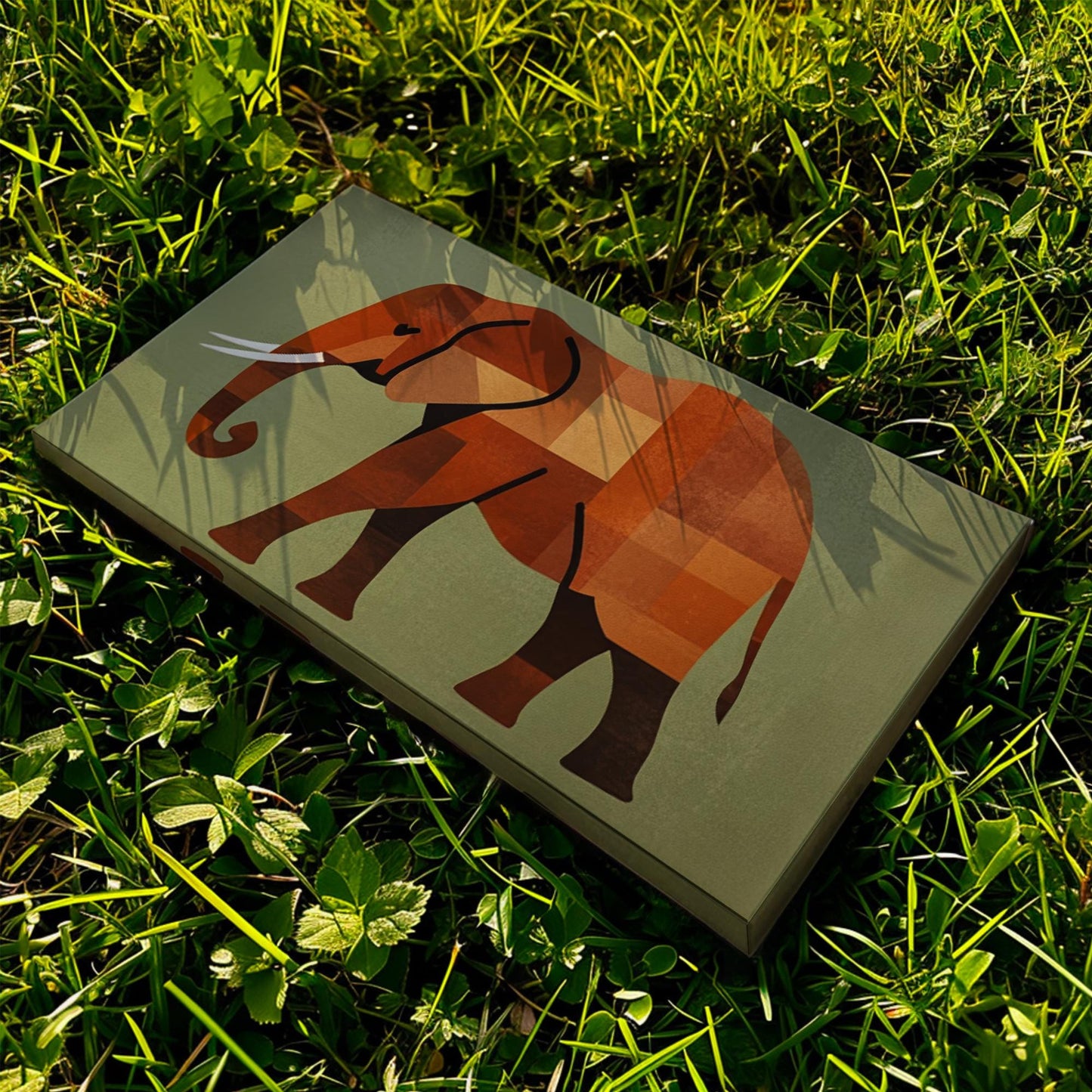 African Elephant Canvas Art | Geometric Cubism Print | Bohemian Wall Art For Living Room | Terracotta Sage Green Art Horizontal Art