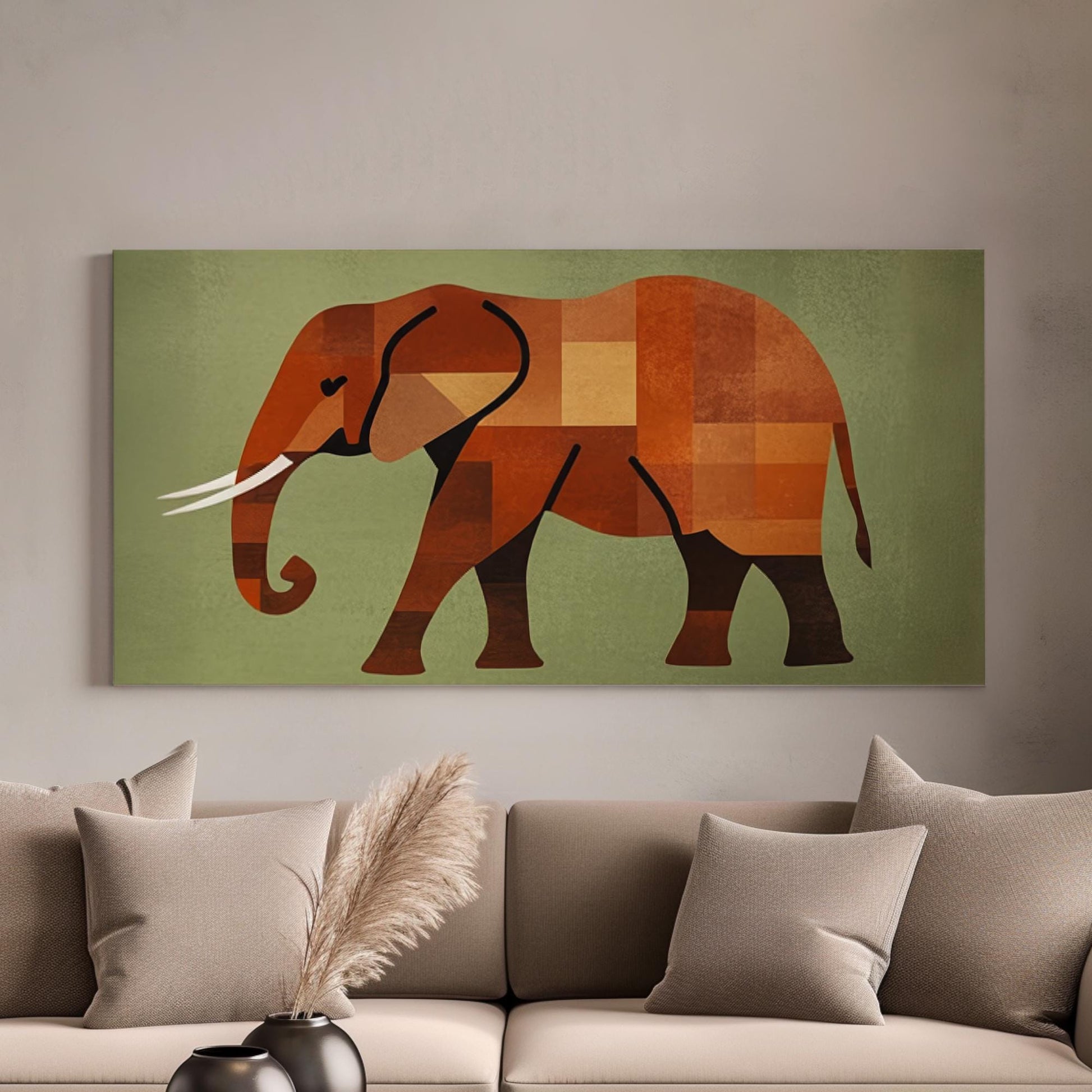 African Elephant Canvas Art | Geometric Cubism Print | Bohemian Wall Art For Living Room | Terracotta Sage Green Art Horizontal Art