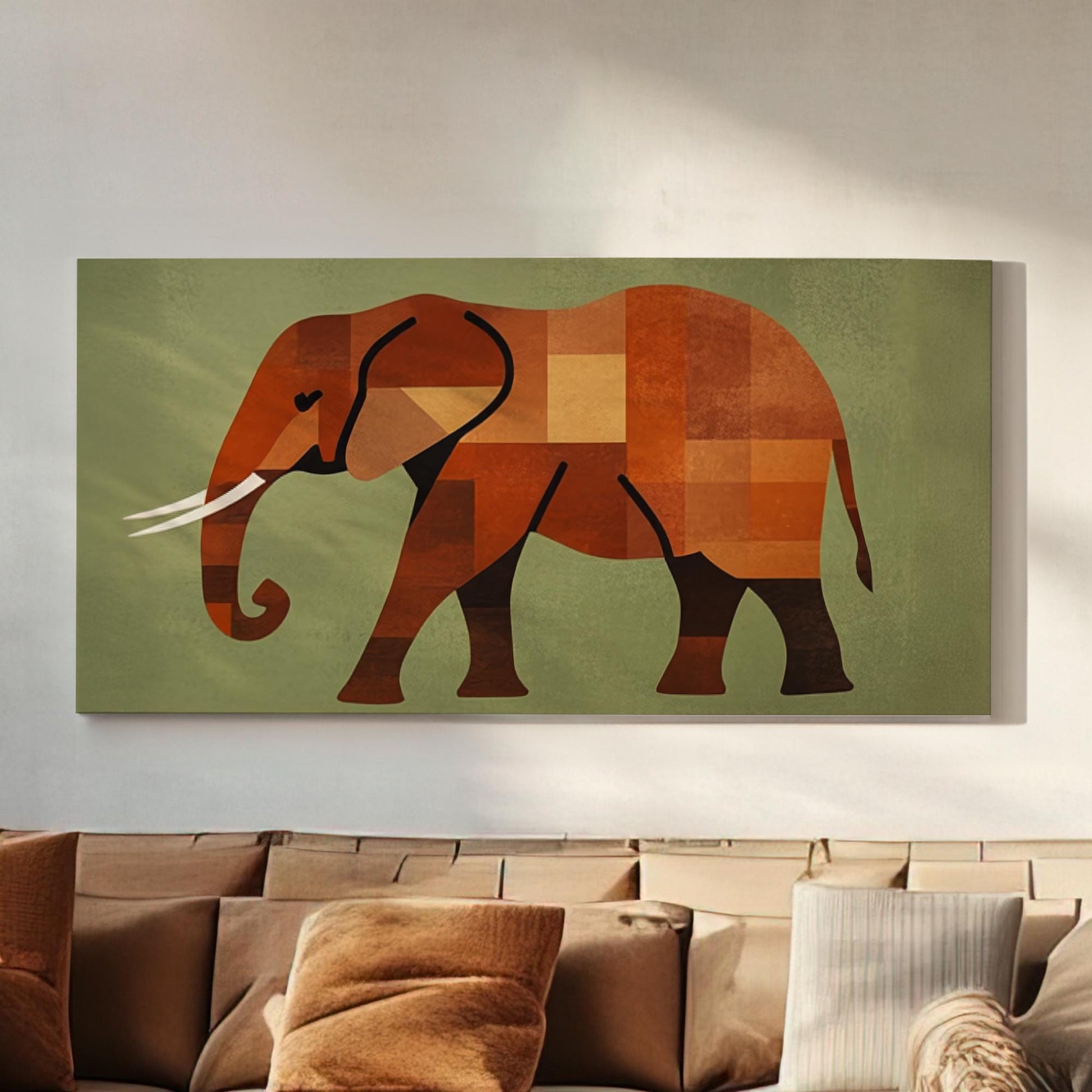 African Elephant Canvas Art | Geometric Cubism Print | Bohemian Wall Art For Living Room | Terracotta Sage Green Art Horizontal Art