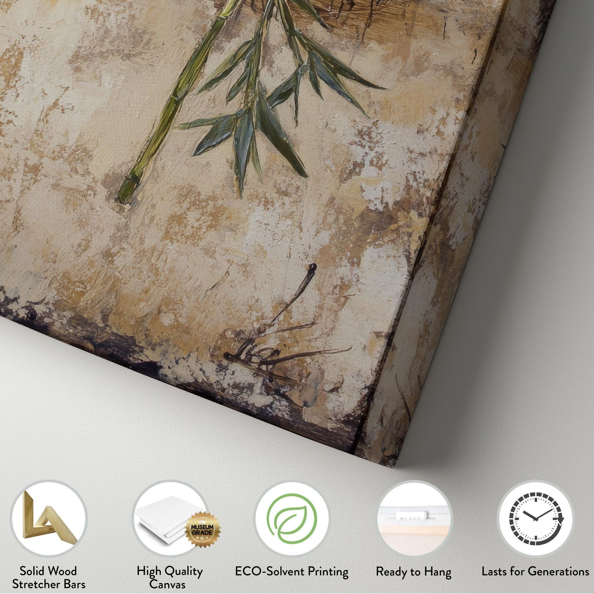 Adorable Panda Cub Canvas Art | Impasto Bamboo Print | Zen Minimalist Wall Art For Living Room | Sandstone Olive Art Long Vertical Art