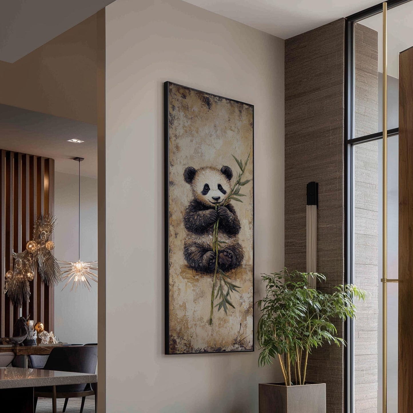 Adorable Panda Cub Canvas Art | Impasto Bamboo Print | Zen Minimalist Wall Art For Living Room | Sandstone Olive Art Long Vertical Art