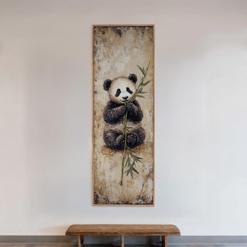 Adorable Panda Cub Canvas Art | Impasto Bamboo Print | Zen Minimalist Wall Art For Living Room | Sandstone Olive Art Long Vertical Art
