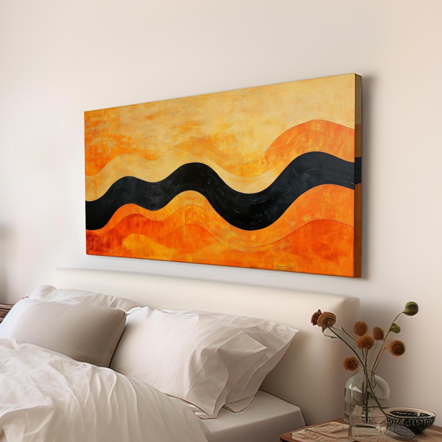 Abstract Wave Canvas Art | Impasto Textured Print | Mid Century Modern Wall Art For Living Room | Burnt Orange Saffron Art Horizontal Art