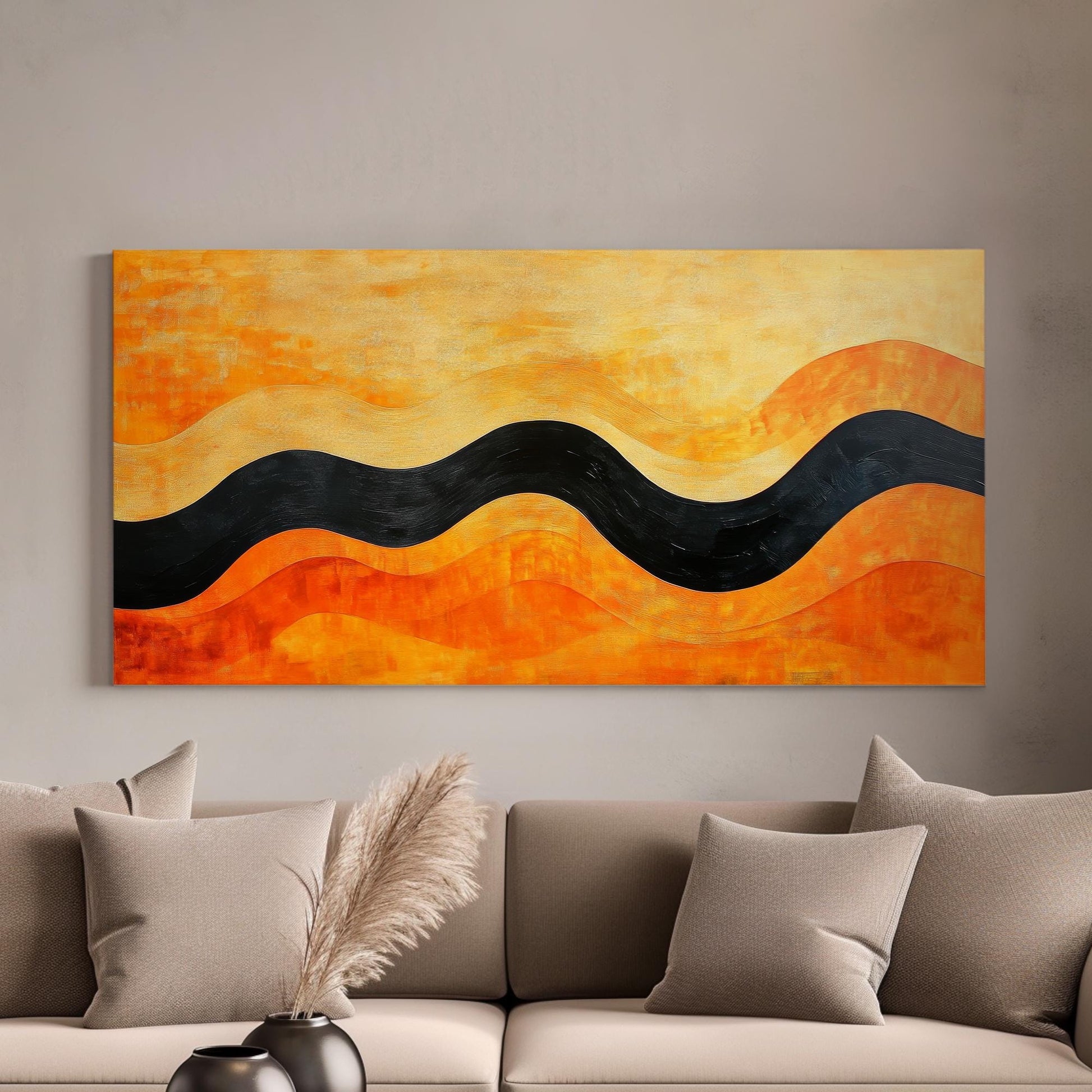 Abstract Wave Canvas Art | Impasto Textured Print | Mid Century Modern Wall Art For Living Room | Burnt Orange Saffron Art Horizontal Art
