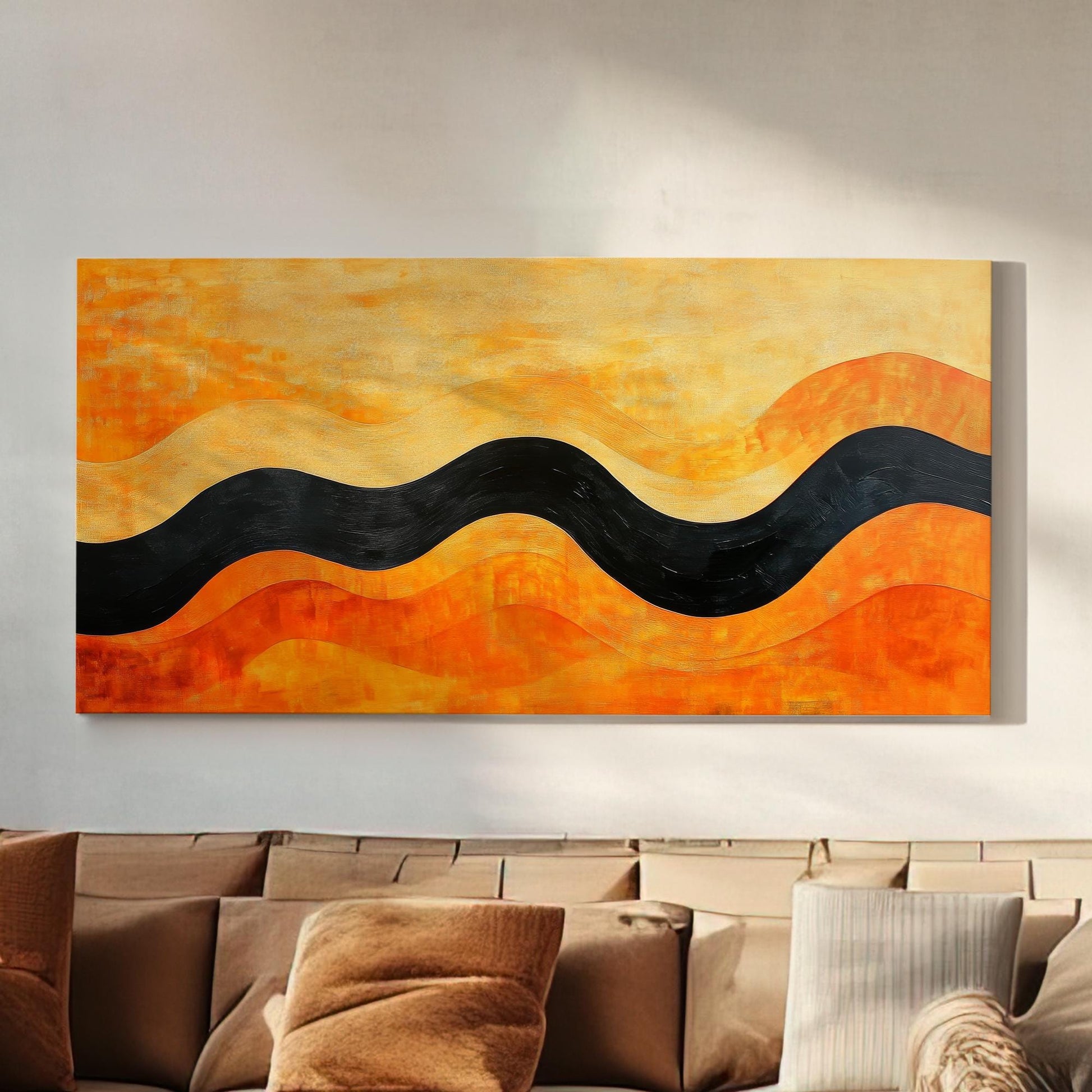 Abstract Wave Canvas Art | Impasto Textured Print | Mid Century Modern Wall Art For Living Room | Burnt Orange Saffron Art Horizontal Art
