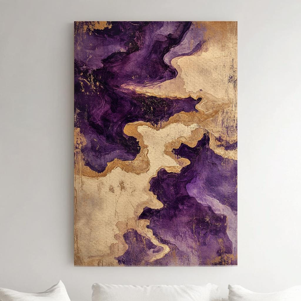 Abstract Amethyst Gold Foil Canvas Art | Fluid Acrylic Pour Print | Glam Bohemian Wall Art For Living Room Vertical Canvas