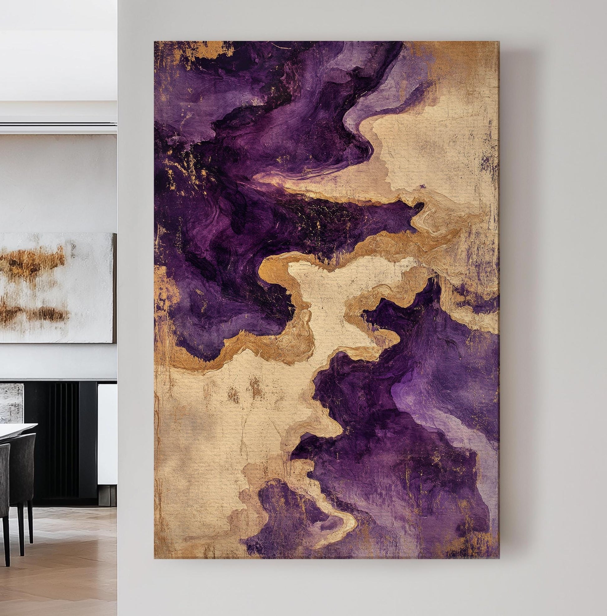 Abstract Amethyst Gold Foil Canvas Art | Fluid Acrylic Pour Print | Glam Bohemian Wall Art For Living Room Vertical Canvas