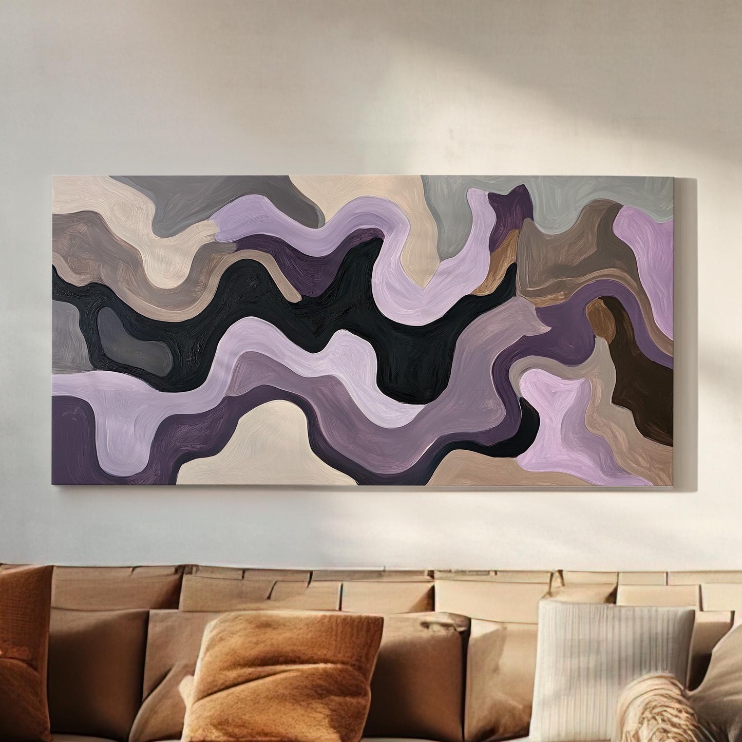 Abstract Fluid Canvas Art | Impasto Print | Biophilic Wall Art For Living Room | Taupe And Lavender Art | Tranquil Decor Horizontal Art