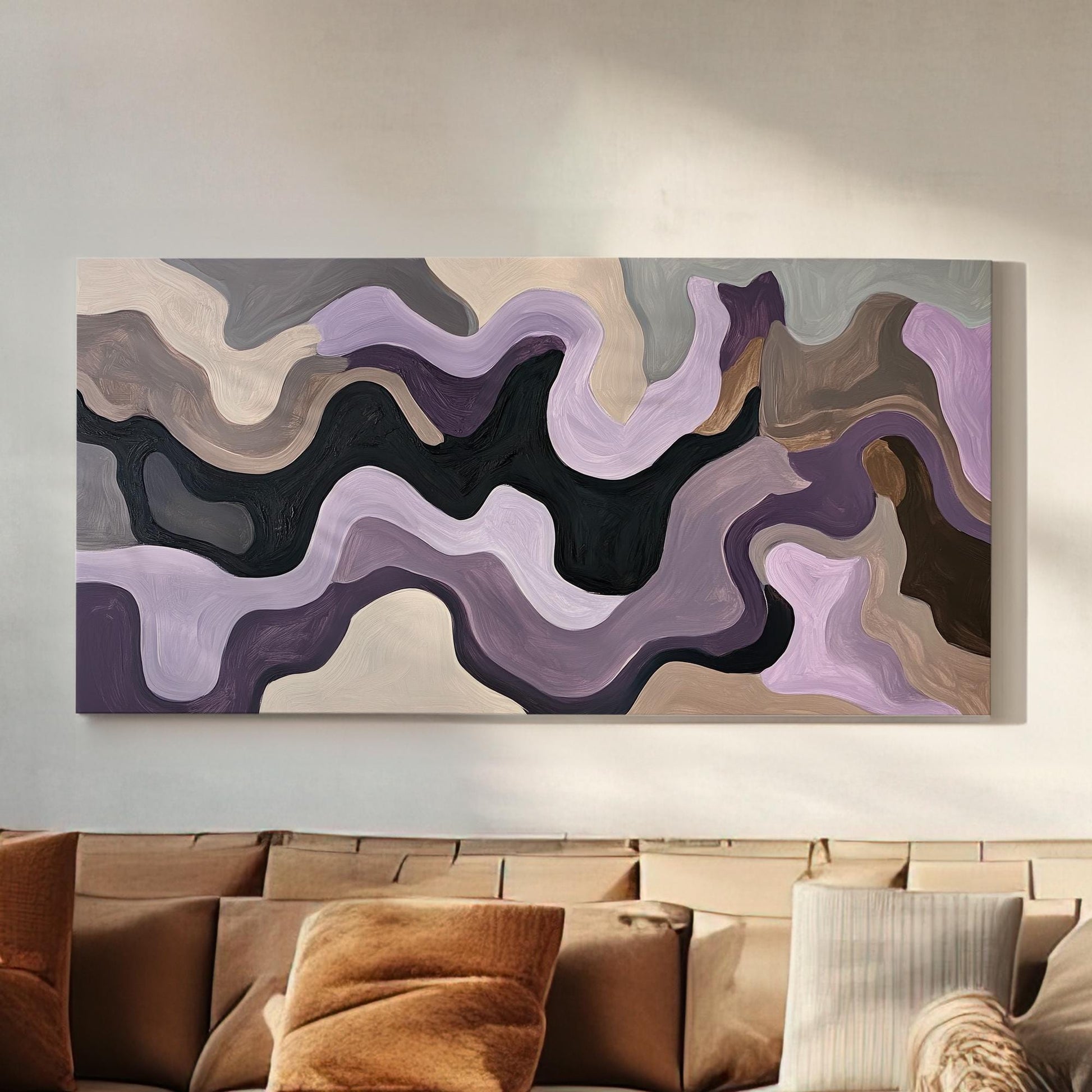 Abstract Fluid Canvas Art | Impasto Print | Biophilic Wall Art For Living Room | Taupe And Lavender Art | Tranquil Decor Horizontal Art