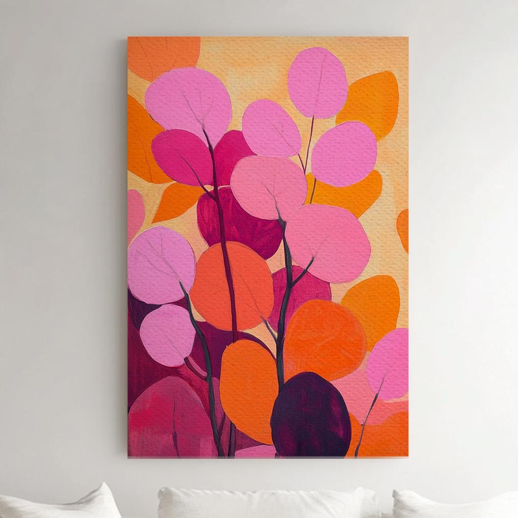 Abstract Eucalyptus Canvas Art | Impasto Print | Bohemian Wall Art For Living Room | Sunset Coral Art Vertical Canvas