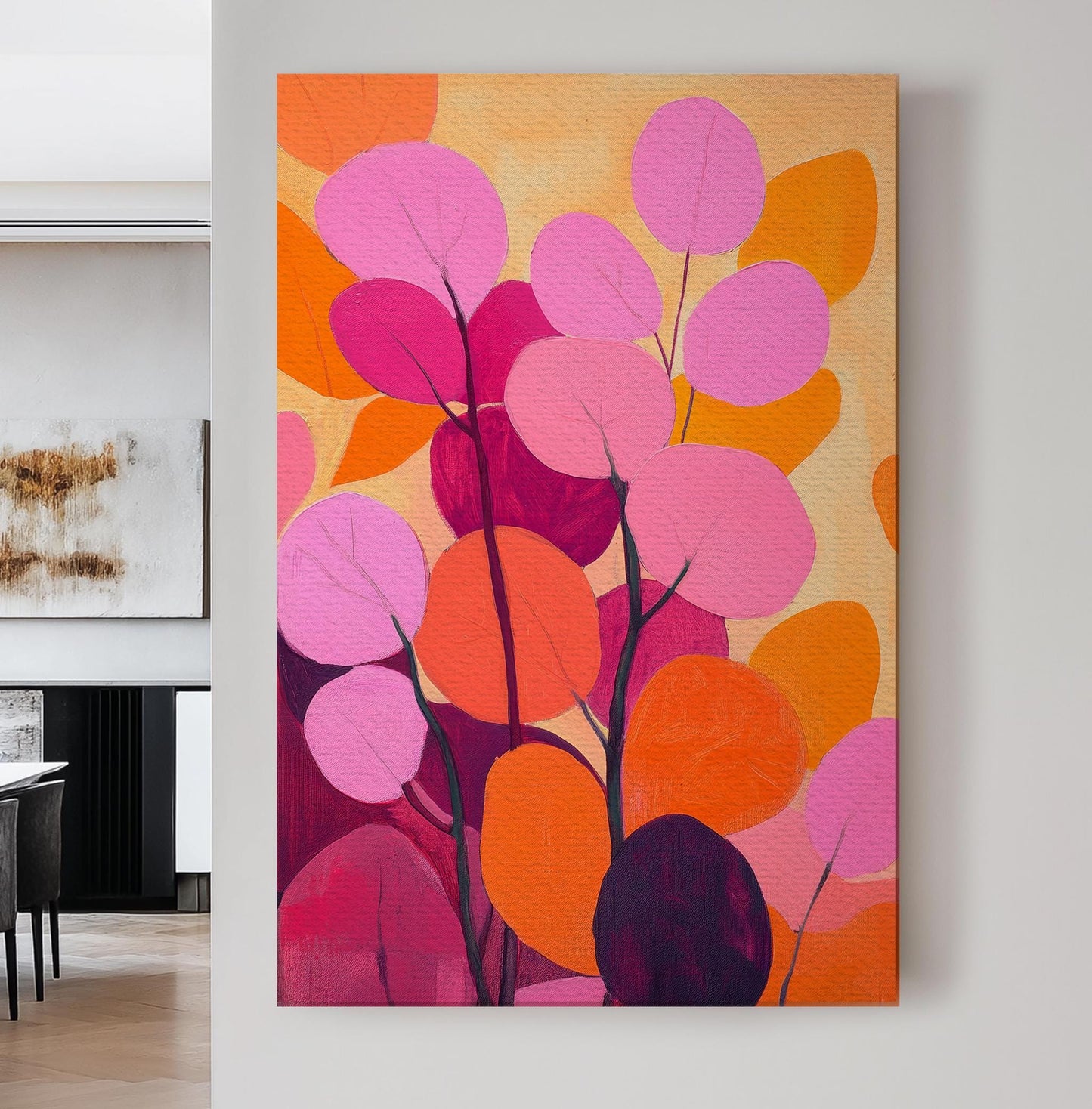 Abstract Eucalyptus Canvas Art | Impasto Print | Bohemian Wall Art For Living Room | Sunset Coral Art Vertical Canvas