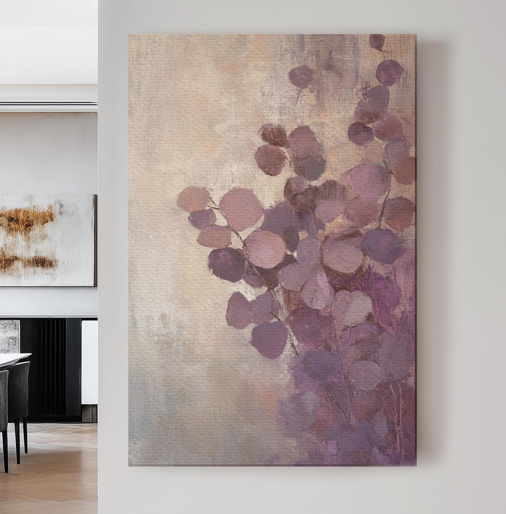 Abstract Eucalyptus Botanical Canvas Art | Impasto Painting Print | Bohemian Wall Art For Living Room | Mauve Blush Art Vertical Canvas