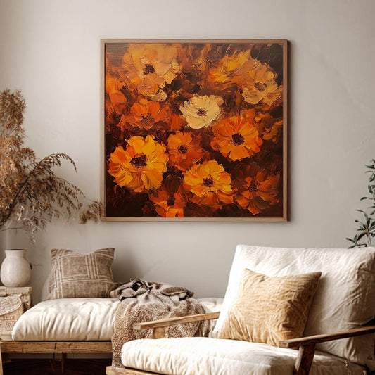 Autumnal Bloom Canvas Art | Impasto Floral Print | Bohemian Wall Art For Living Room | Spiced Amber Art Square Canvas Art