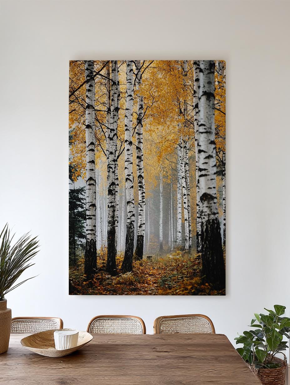 Autumnal Birch Grove Canvas Art | Misty Forest Print | Tranquil Scandinavian Wall Art For Living Room | Honeyed Amber Art Vertical Canvas