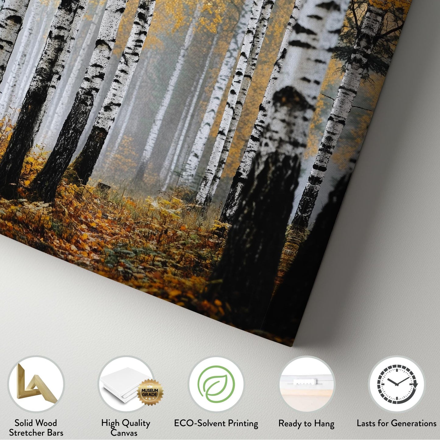 Autumnal Birch Grove Canvas Art | Misty Forest Print | Tranquil Scandinavian Wall Art For Living Room | Honeyed Amber Art Vertical Canvas