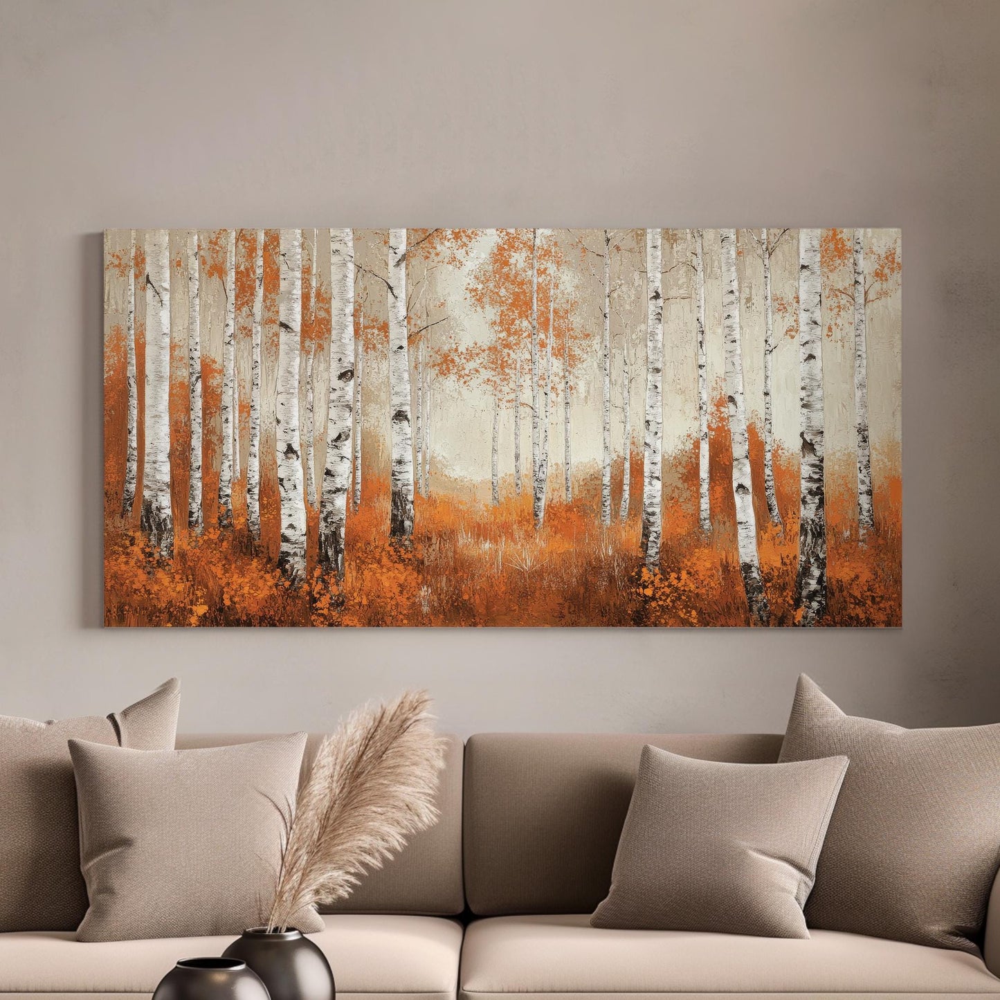 Autumnal Birch Grove Canvas Art | Impasto Print | Transitional Wall Art For Living Room | Burnt Sienna Oyster Art Horizontal Art