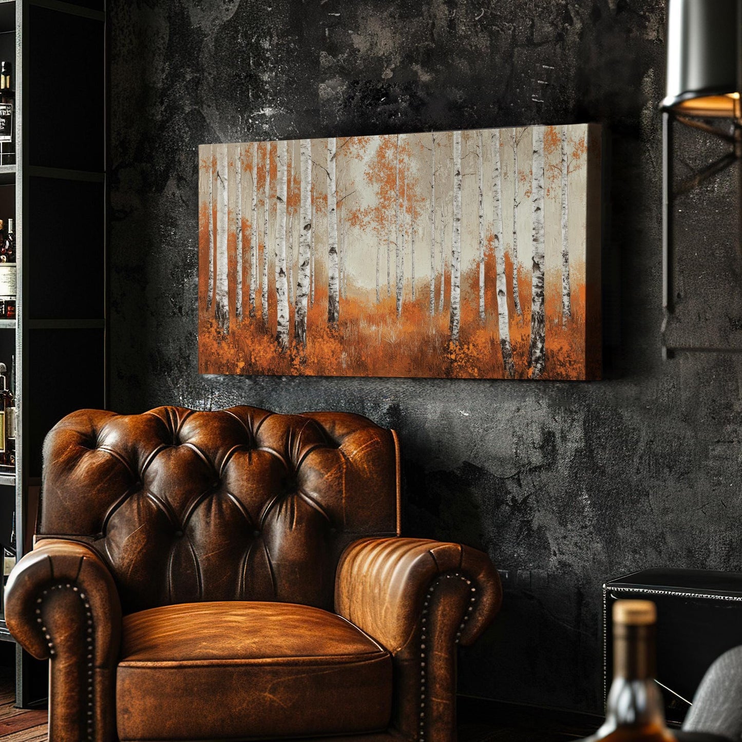 Autumnal Birch Grove Canvas Art | Impasto Print | Transitional Wall Art For Living Room | Burnt Sienna Oyster Art Horizontal Art