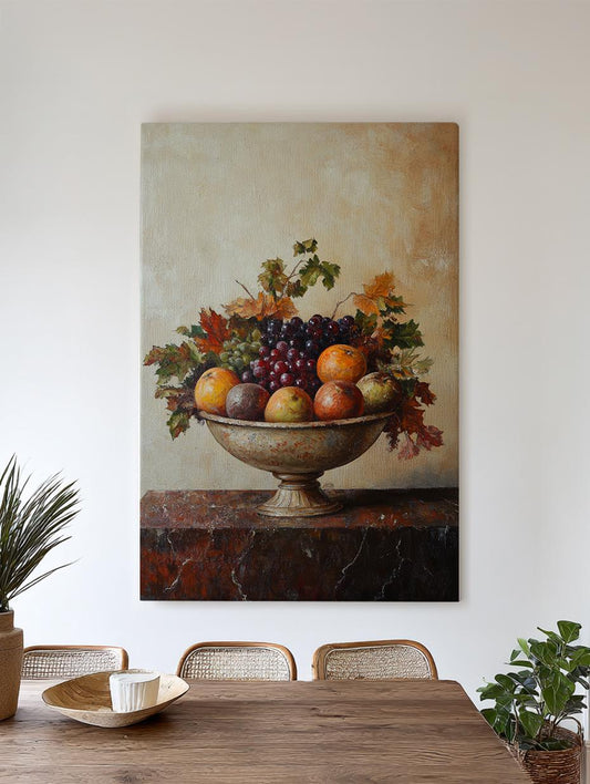 Autumnal Abundance Canvas Art | Impasto Fruit Print | Transitional Wall Art For Dining Room | Burnished Sienna Art Vertical Canvas