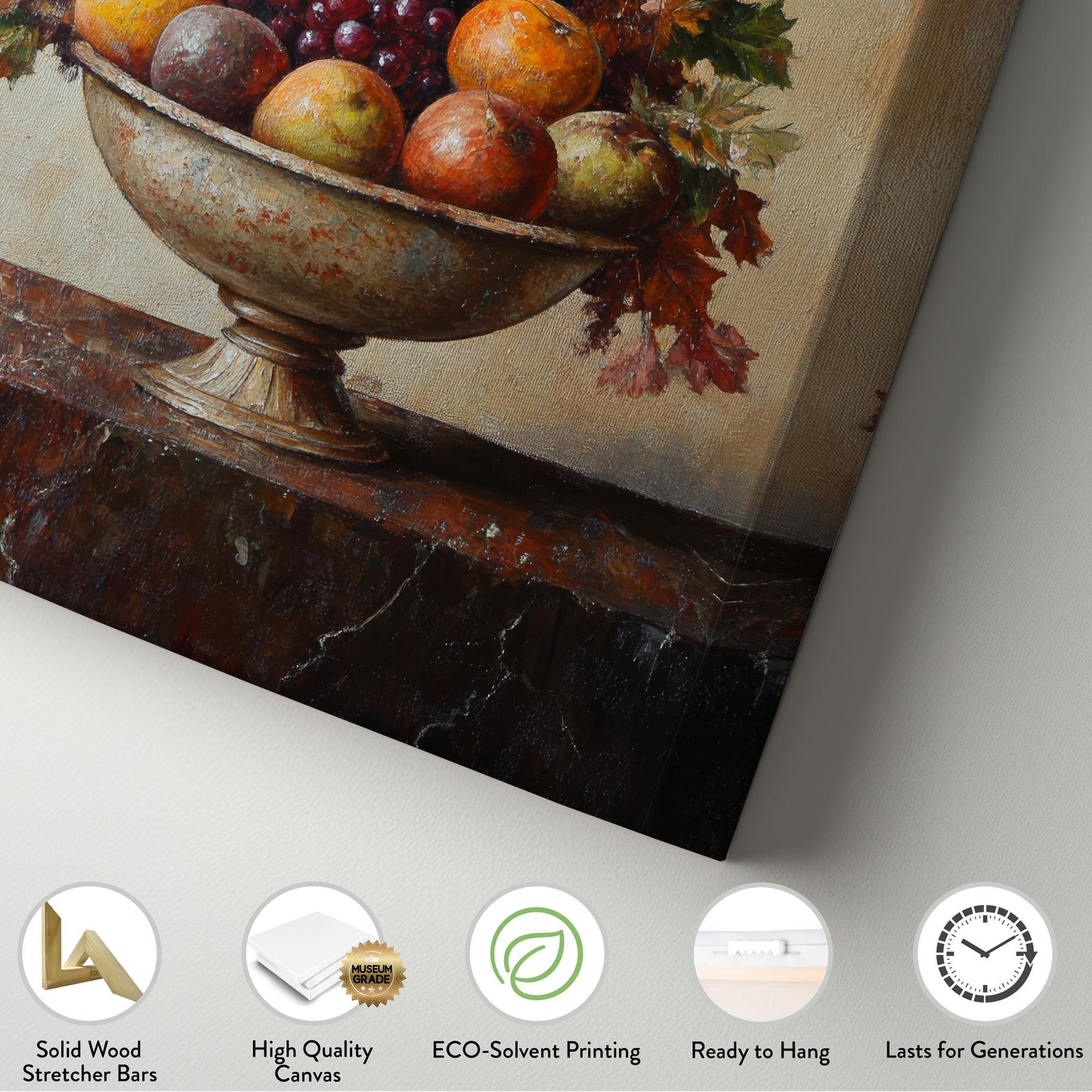 Autumnal Abundance Canvas Art | Impasto Fruit Print | Transitional Wall Art For Dining Room | Burnished Sienna Art Vertical Canvas