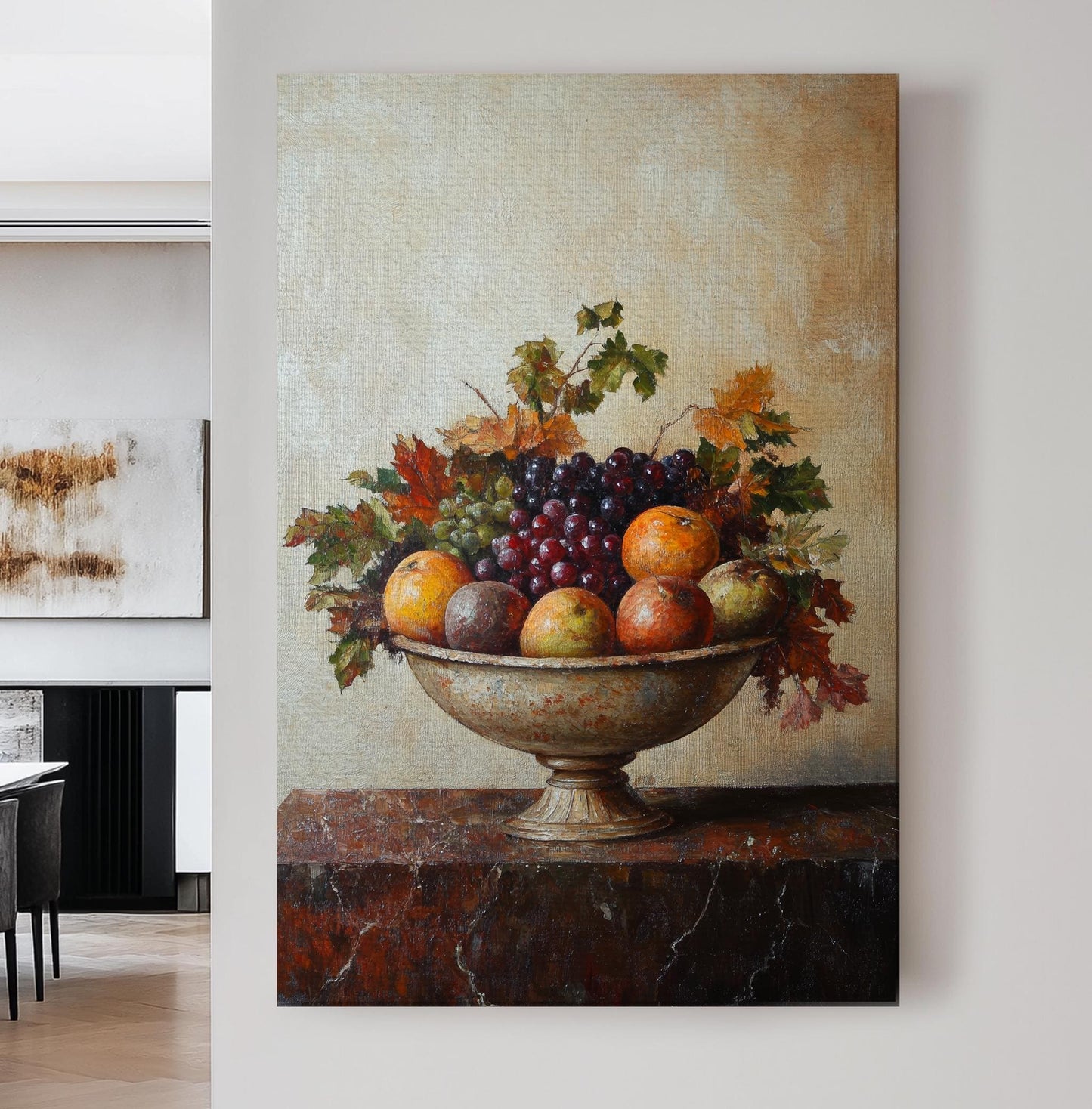 Autumnal Abundance Canvas Art | Impasto Fruit Print | Transitional Wall Art For Dining Room | Burnished Sienna Art Vertical Canvas