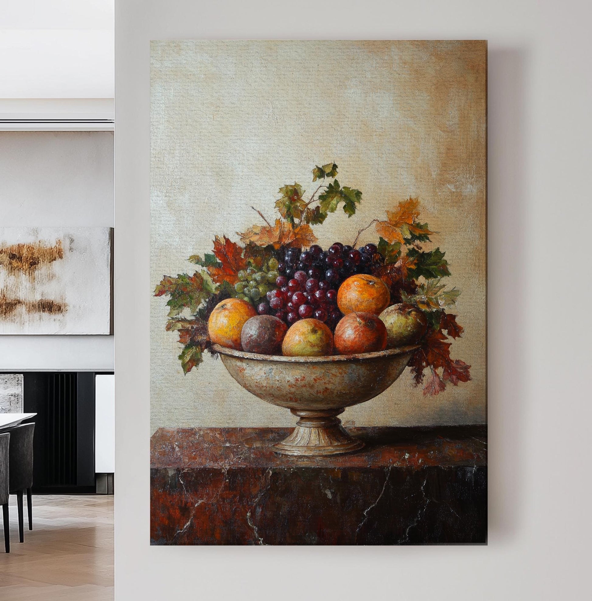 Autumnal Abundance Canvas Art | Impasto Fruit Print | Transitional Wall Art For Dining Room | Burnished Sienna Art Vertical Canvas