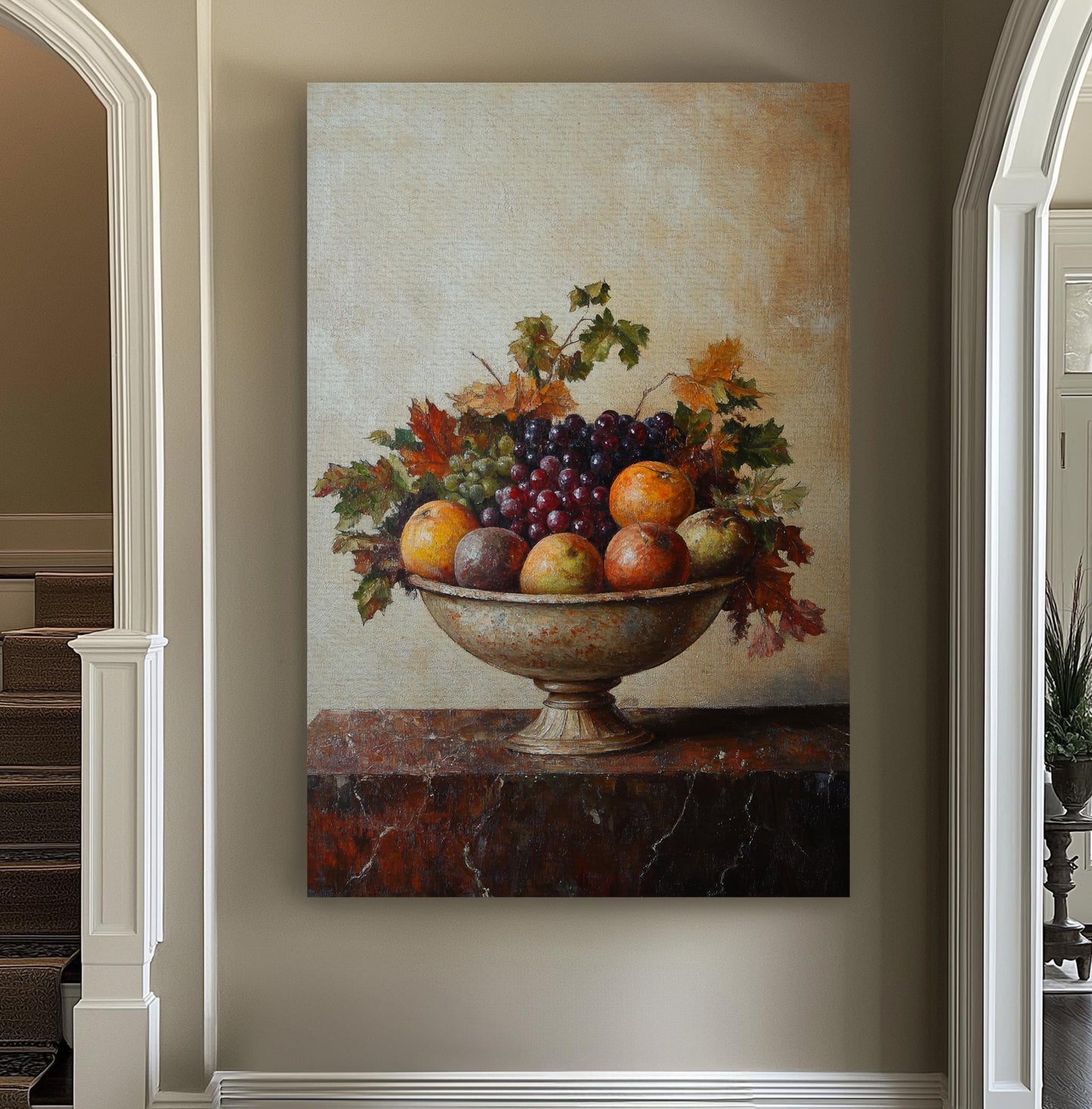 Autumnal Abundance Canvas Art | Impasto Fruit Print | Transitional Wall Art For Dining Room | Burnished Sienna Art Vertical Canvas