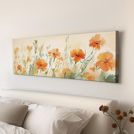 Apricot Blossom Meadow Canvas Art | Loose Watercolor Print | Bohemian Wall Art For Living Room | Tangerine Sunset Art Panoramic Wall Art