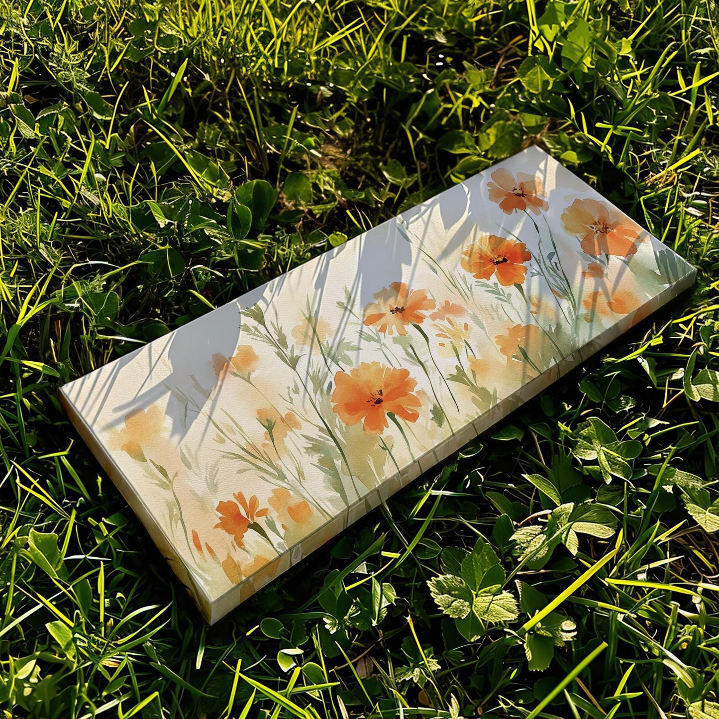 Apricot Blossom Meadow Canvas Art | Loose Watercolor Print | Bohemian Wall Art For Living Room | Tangerine Sunset Art Panoramic Wall Art