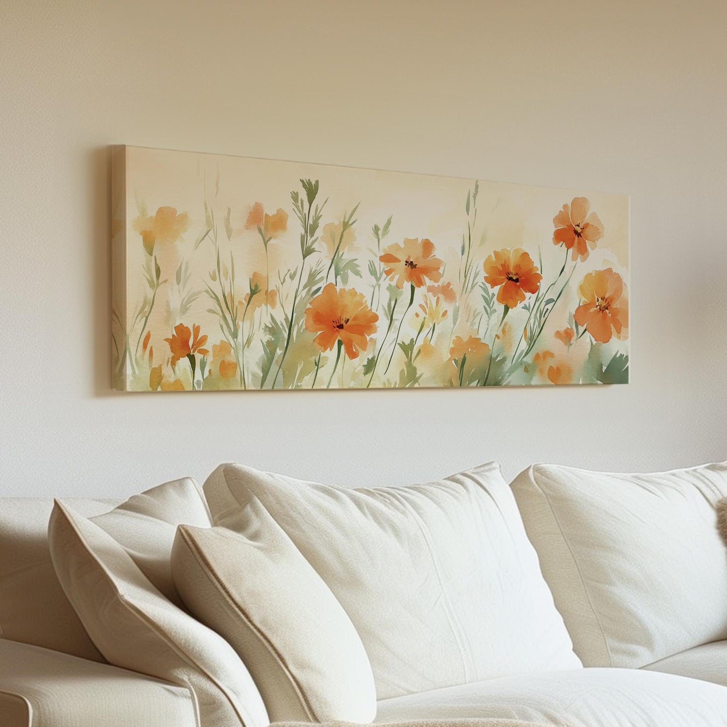 Apricot Blossom Meadow Canvas Art | Loose Watercolor Print | Bohemian Wall Art For Living Room | Tangerine Sunset Art Panoramic Wall Art
