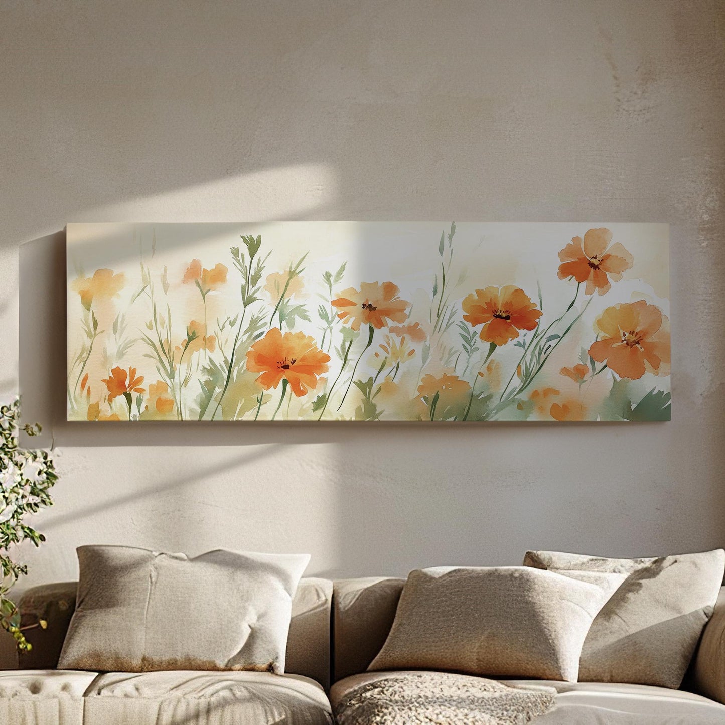 Apricot Blossom Meadow Canvas Art | Loose Watercolor Print | Bohemian Wall Art For Living Room | Tangerine Sunset Art Panoramic Wall Art