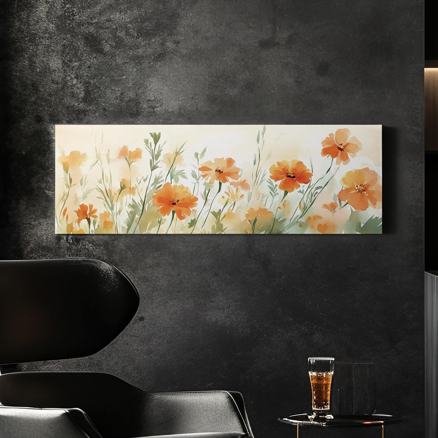 Apricot Blossom Meadow Canvas Art | Loose Watercolor Print | Bohemian Wall Art For Living Room | Tangerine Sunset Art Panoramic Wall Art