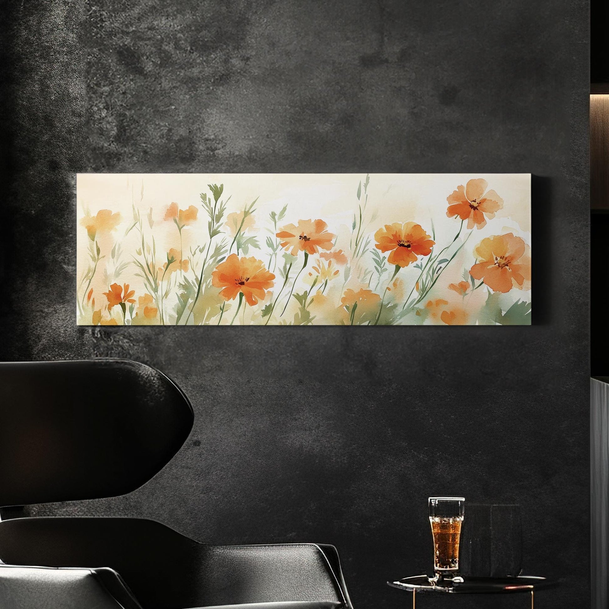 Apricot Blossom Meadow Canvas Art | Loose Watercolor Print | Bohemian Wall Art For Living Room | Tangerine Sunset Art Panoramic Wall Art