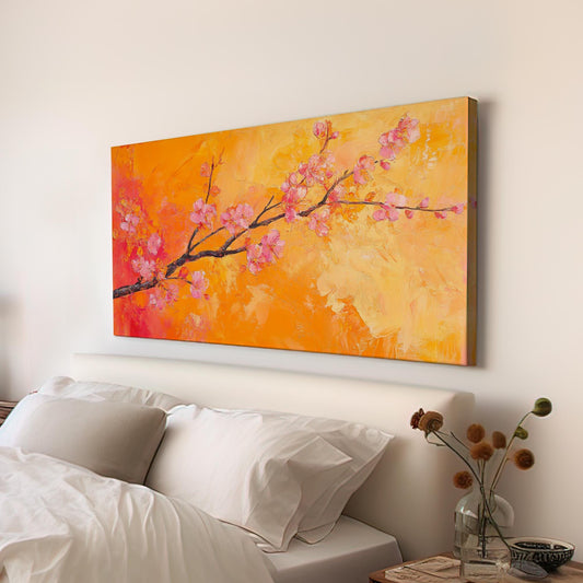 Apricot Blossom Branch Canvas Art | Impasto Painting Print | Bohemian Modern Wall Art For Living Room | Tangerine Apricot Art Horizontal Art