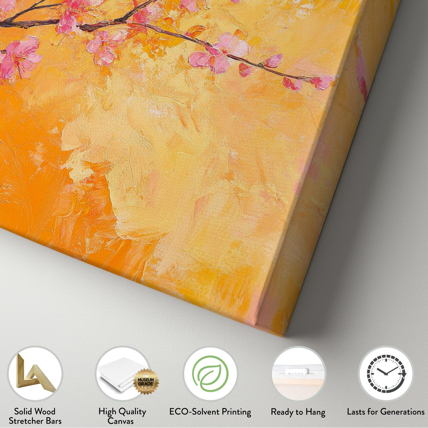 Apricot Blossom Branch Canvas Art | Impasto Painting Print | Bohemian Modern Wall Art For Living Room | Tangerine Apricot Art Horizontal Art