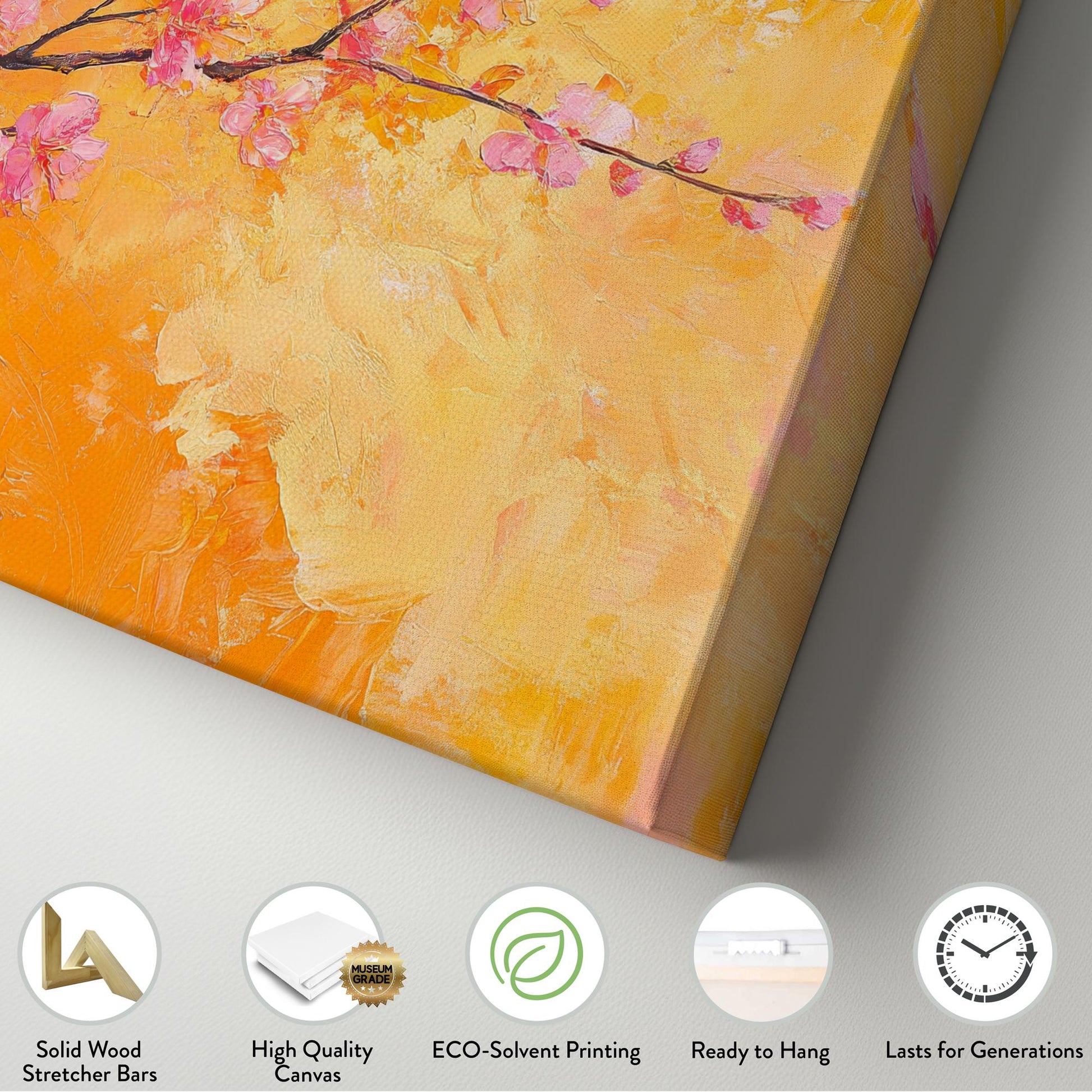 Apricot Blossom Branch Canvas Art | Impasto Painting Print | Bohemian Modern Wall Art For Living Room | Tangerine Apricot Art Horizontal Art