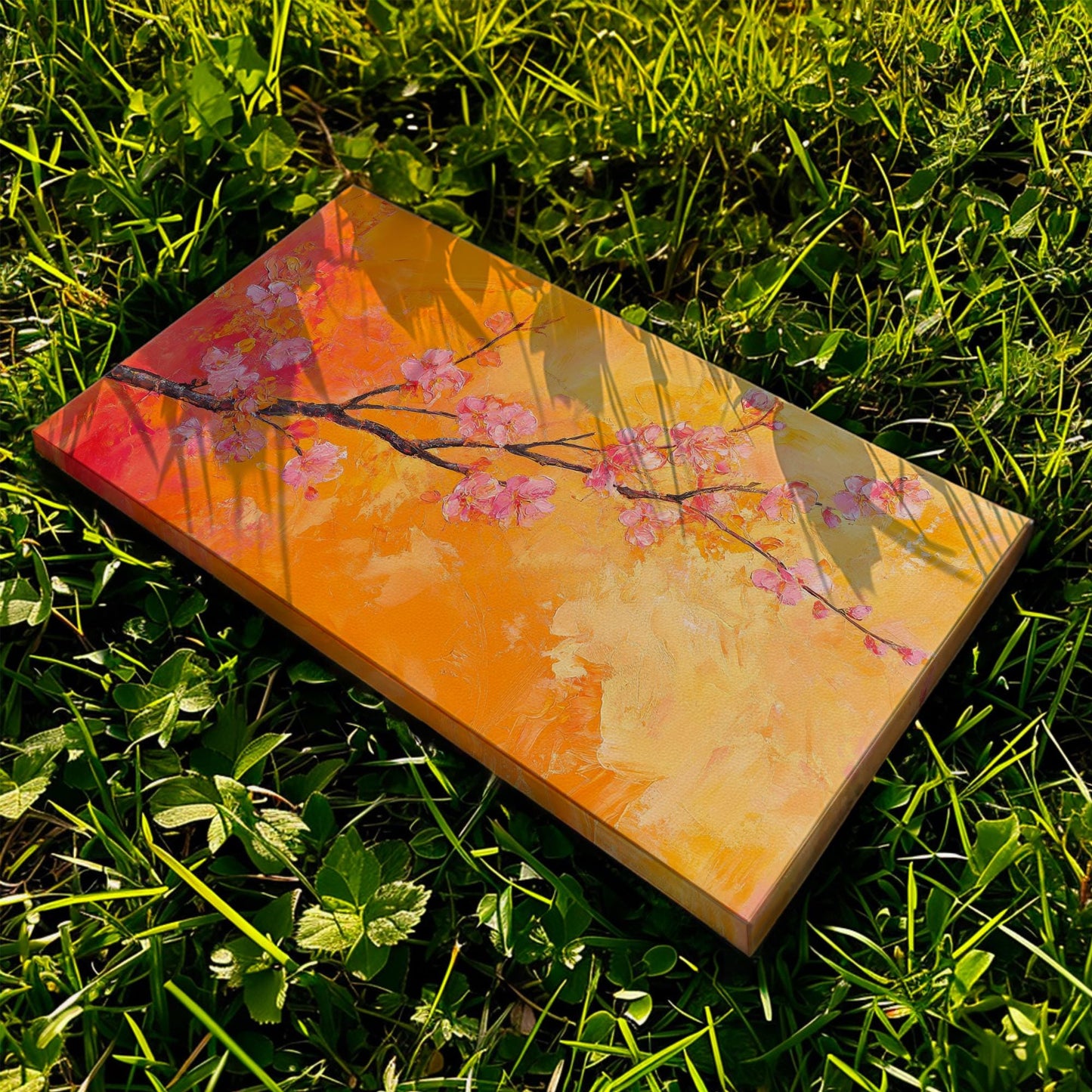 Apricot Blossom Branch Canvas Art | Impasto Painting Print | Bohemian Modern Wall Art For Living Room | Tangerine Apricot Art Horizontal Art